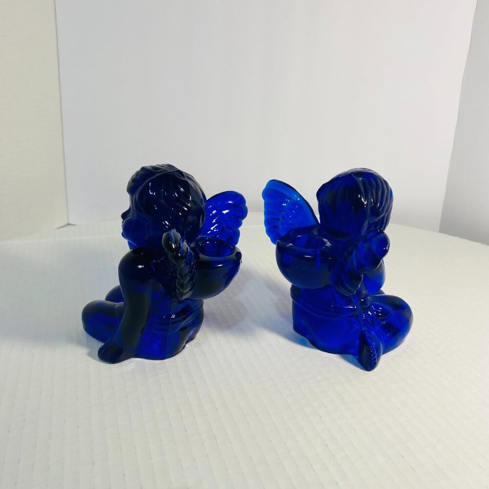 VTG Two Cobalt Blue Glass Sitting Angel Cherub Taper Candle Holders 5"x 5"x 5" - Picture 6 of 17